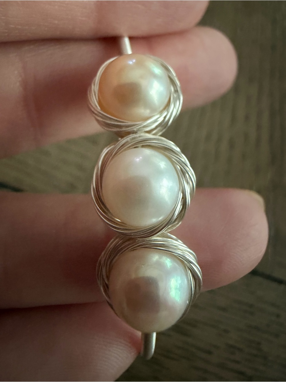 Freshwater Pearl Pink, White, champagne Triple Wire-Wrapped Bangle Bracelet